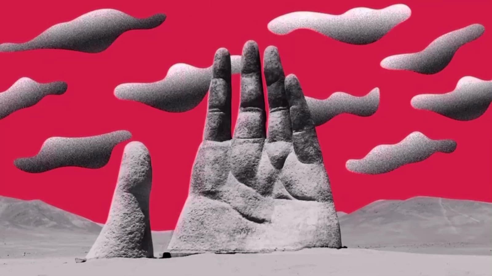 Surreal collage animation of a giant hand sculpture under a red sky