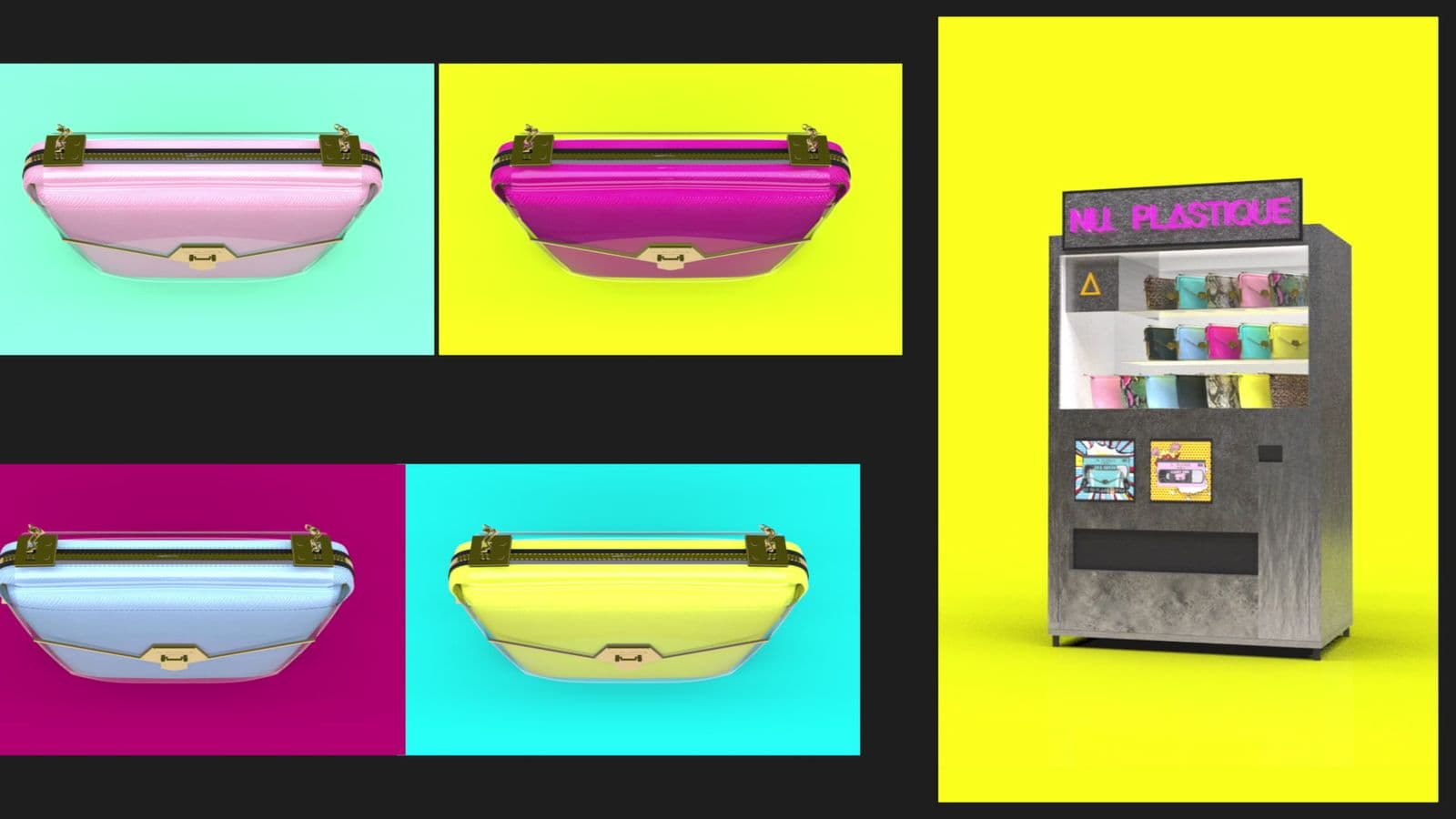 Colourful clutch bags and branded vending machine from a product animation